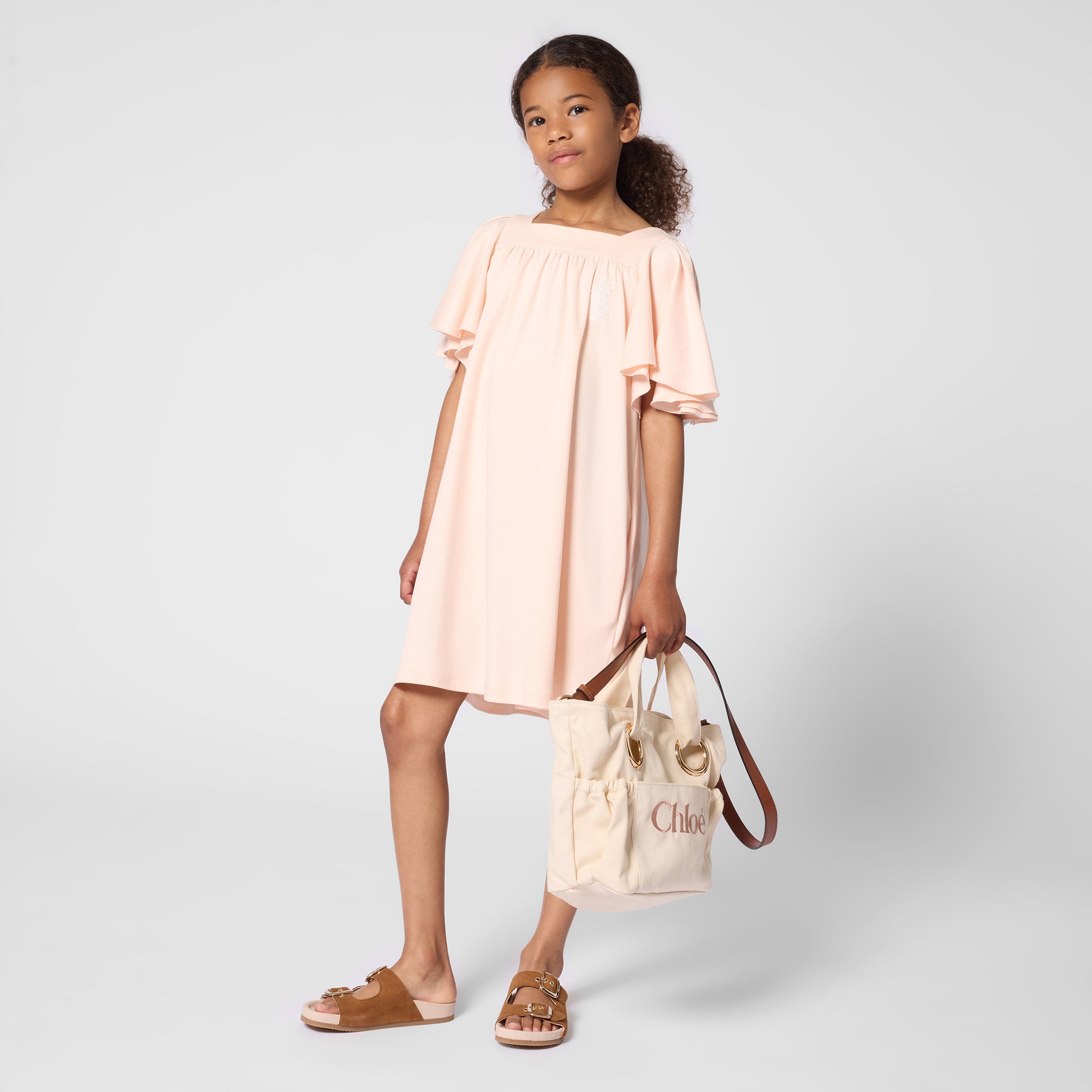 Organic Cotton Canvas Tote Bag with Leather Shoulder Strap and Front Embroidery Chloe