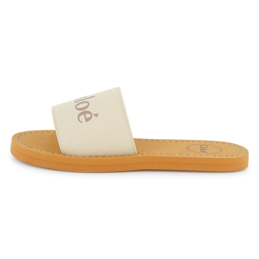 Cotton Canvas Slide Sandals With Logo Strap, Ivory And Tan Chloe