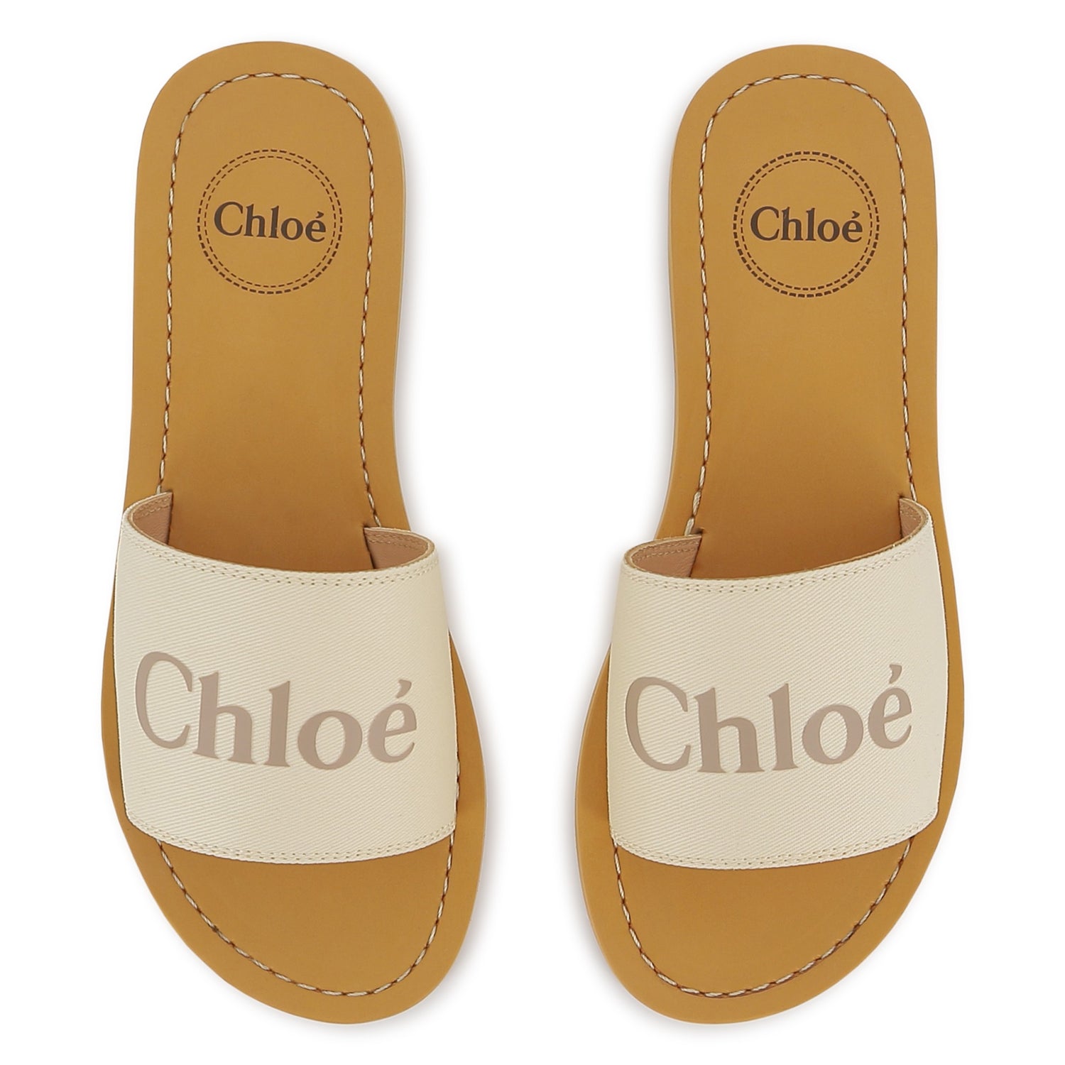 Cotton Canvas Slide Sandals With Logo Strap, Ivory And Tan Chloe