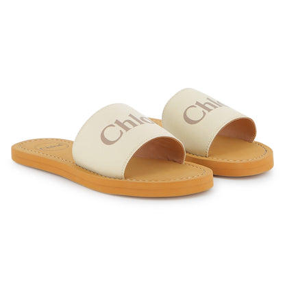 Cotton Canvas Slide Sandals With Logo Strap, Ivory And Tan Chloe
