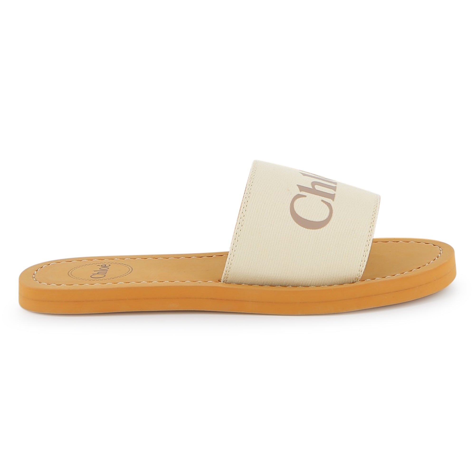 Cotton Canvas Slide Sandals With Logo Strap, Ivory And Tan Chloe