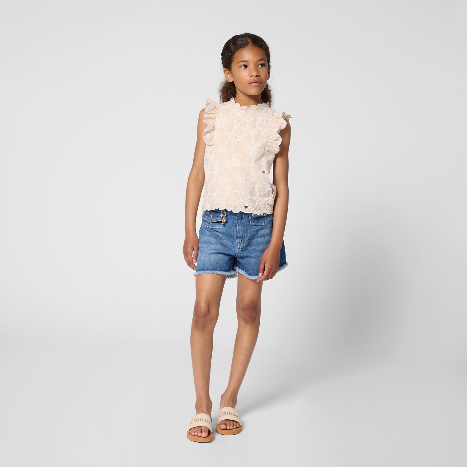 Cotton Canvas Slide Sandals With Logo Strap, Ivory And Tan Chloe