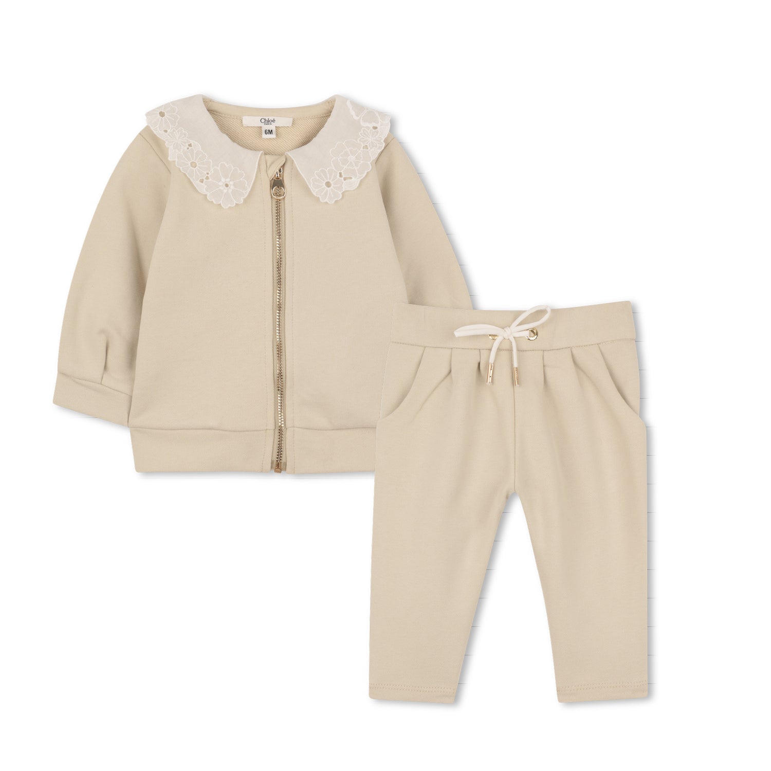 Baby Organic Cotton French Terry Cardigan And Joggers Set With Embroidered Collar, Cream Chloe