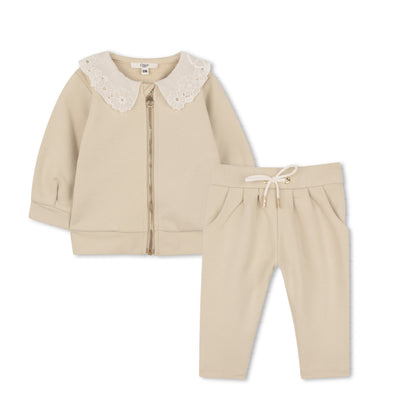 Baby Organic Cotton French Terry Cardigan And Joggers Set With Embroidered Collar, Cream Chloe