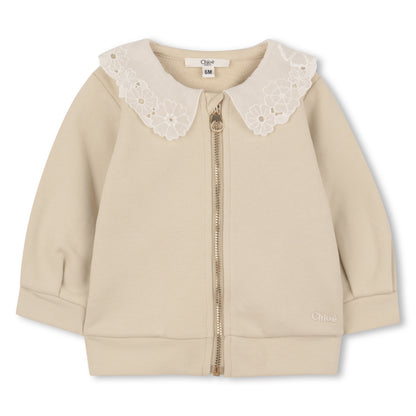 Baby Organic Cotton French Terry Cardigan And Joggers Set With Embroidered Collar, Cream Chloe
