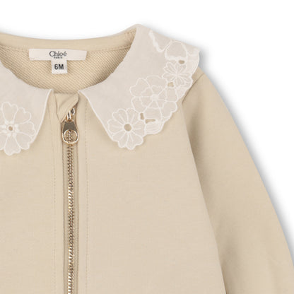 Baby Organic Cotton French Terry Cardigan And Joggers Set With Embroidered Collar, Cream Chloe
