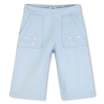 Baby Light Cotton Denim Trousers With Floral Embroidered Pockets, Light Blue Chloe