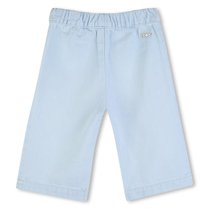 Baby Light Cotton Denim Trousers With Floral Embroidered Pockets, Light Blue Chloe