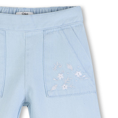 Baby Light Cotton Denim Trousers With Floral Embroidered Pockets, Light Blue Chloe