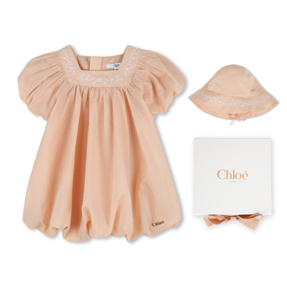 Baby Ceremony Dress And Hat Set, Organic Cotton Percale, Floral Embroidery, Puff Sleeves Chloe
