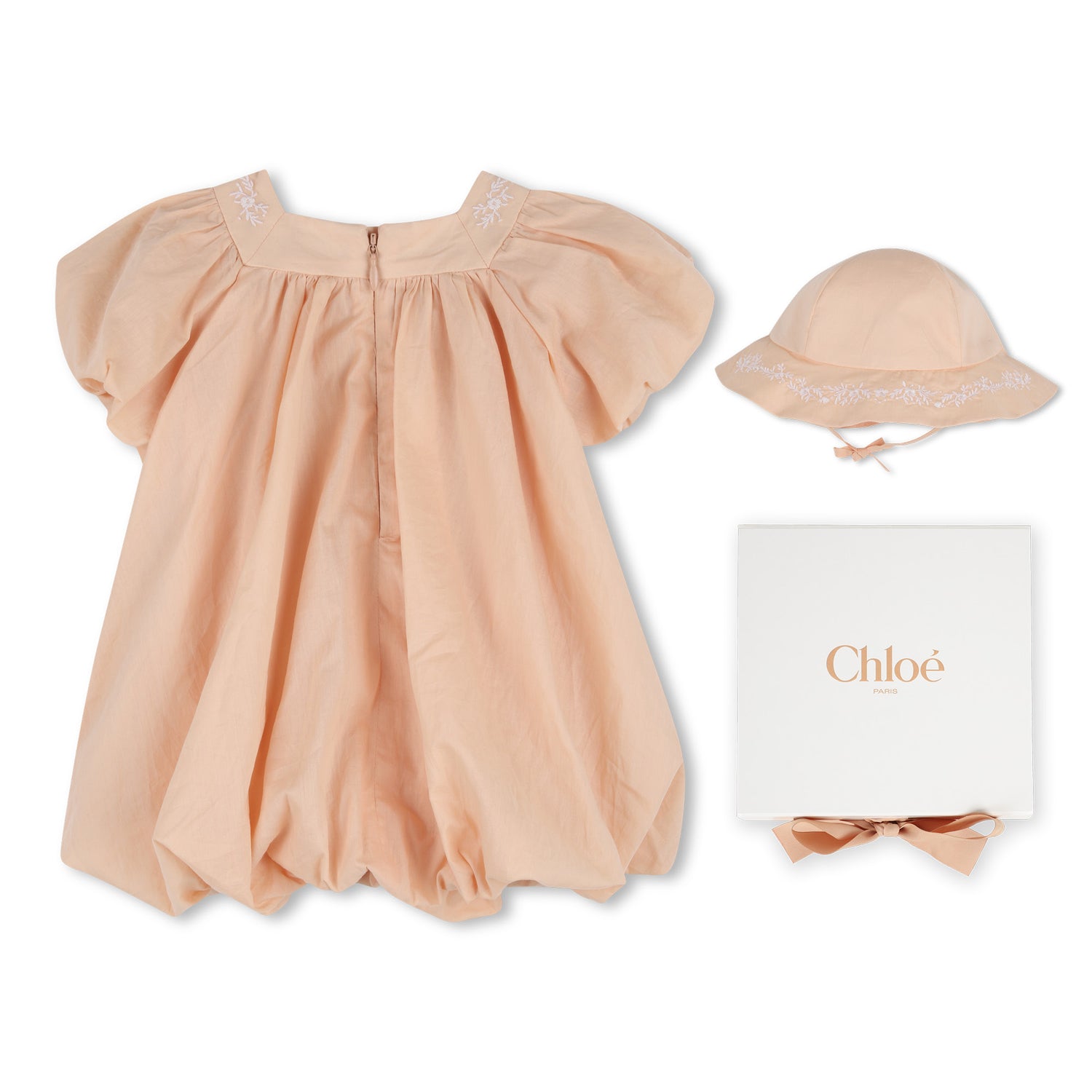 Baby Ceremony Dress And Hat Set, Organic Cotton Percale, Floral Embroidery, Puff Sleeves Chloe