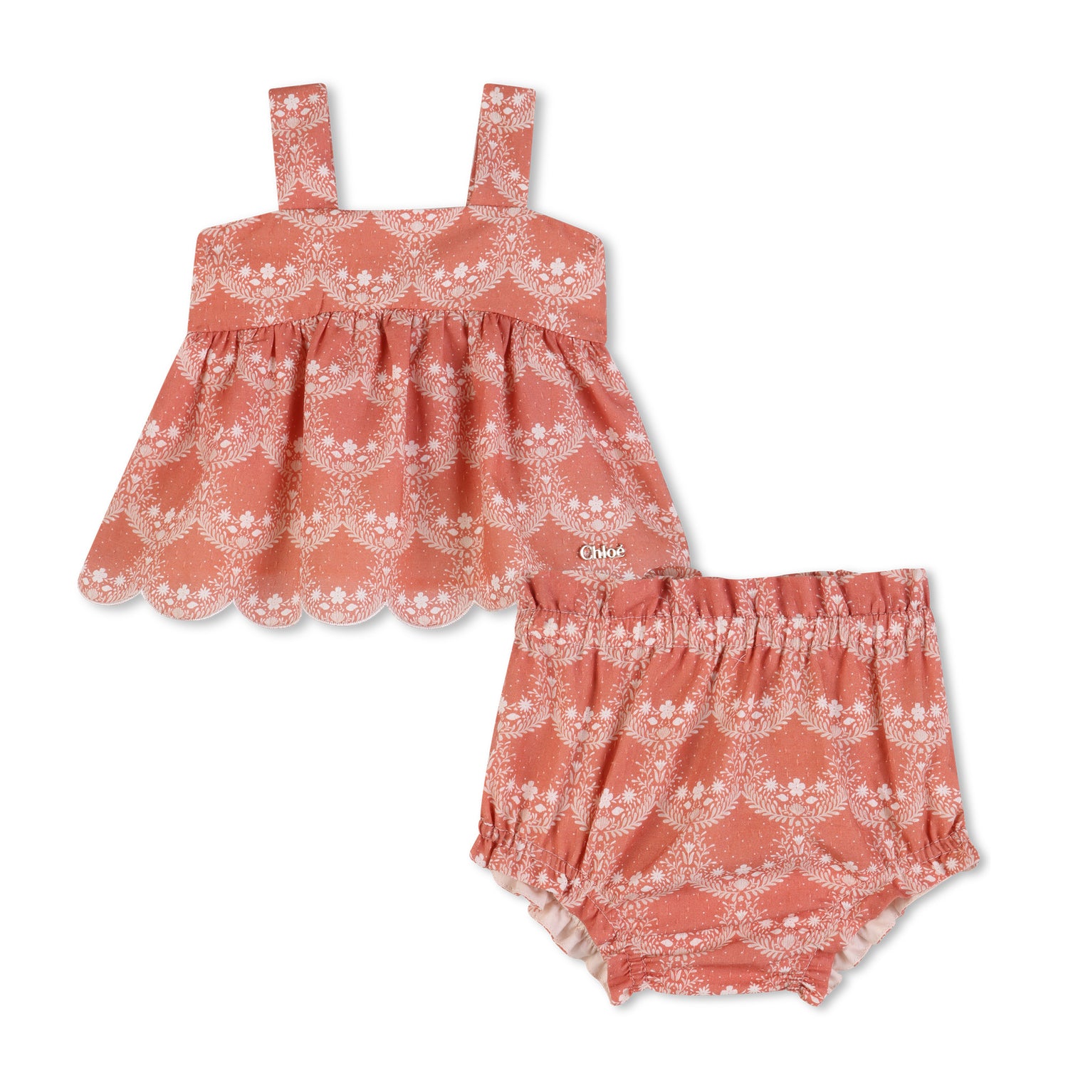 Baby Top And Bloomers Set, Organic Cotton Percale, Jacquard Dots, Heritage Scallops Print Chloe