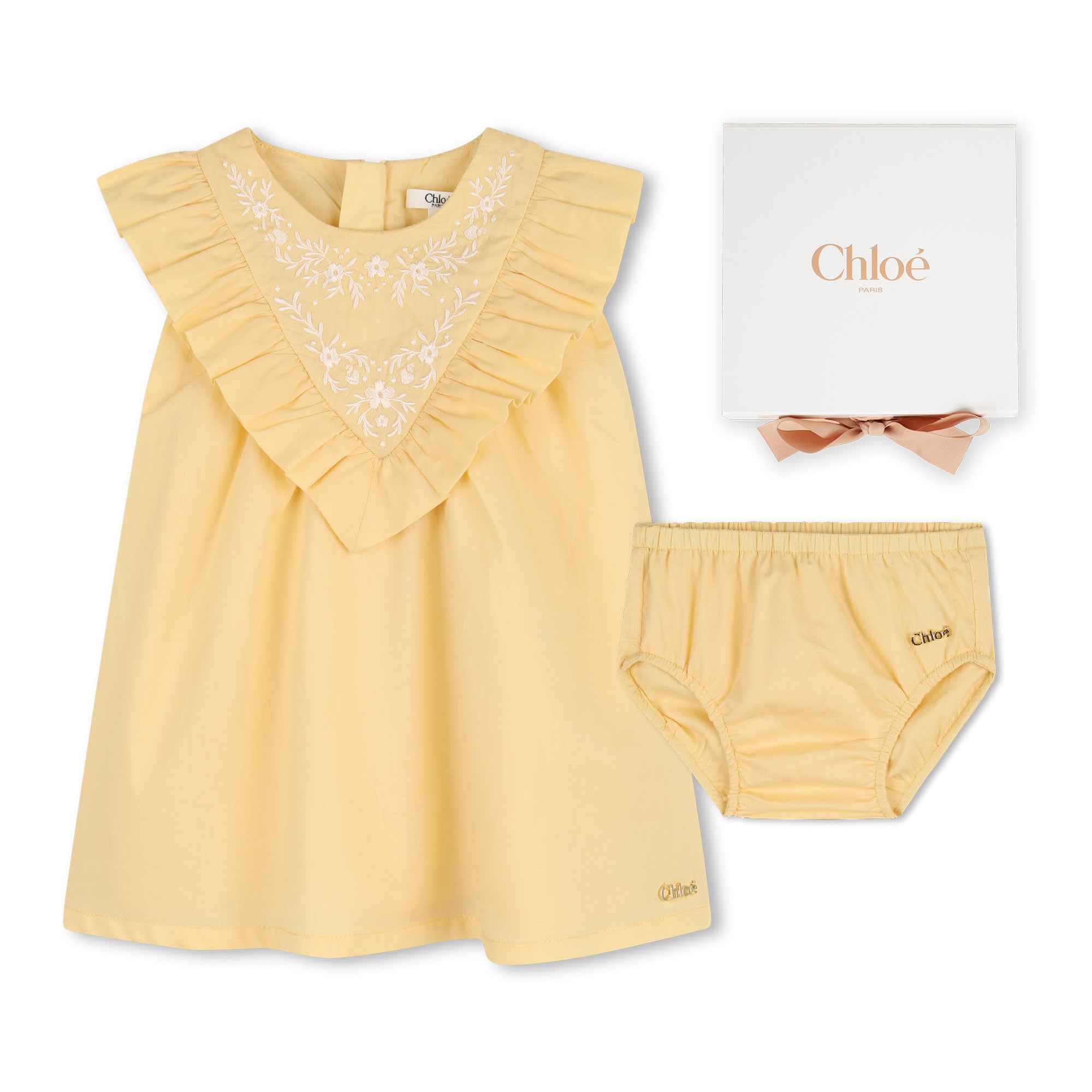 Baby Ceremony Dress And Bloomers Set, Organic Cotton Percale, Floral Embroidery, Ruffled Bib Chloe