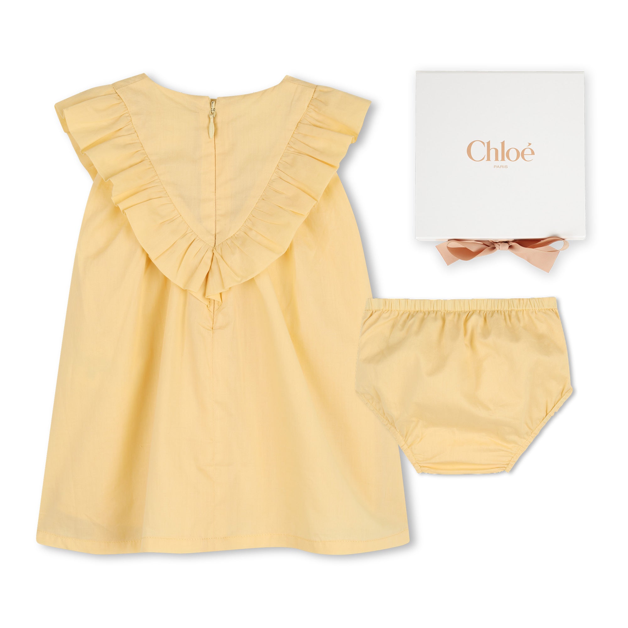 Baby Ceremony Dress And Bloomers Set, Organic Cotton Percale, Floral Embroidery, Ruffled Bib Chloe