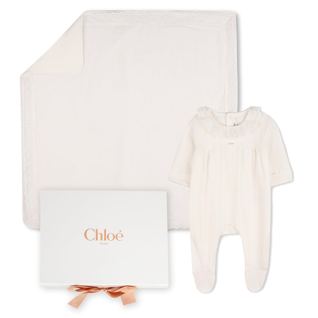 Baby Footed Pyjamas And Blanket Gift Set, Organic Cotton, Embroidered Trim, Branded Gift Box Chloe