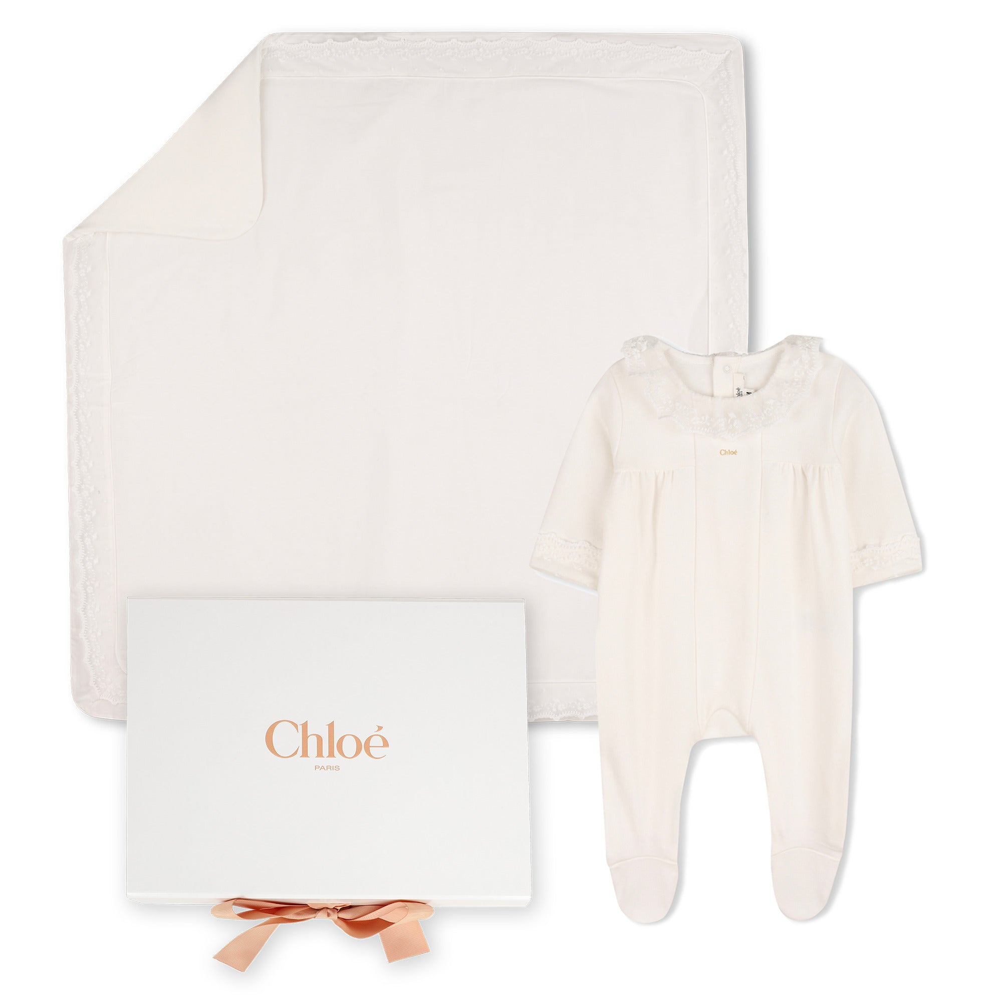 Baby Footed Pyjamas And Blanket Gift Set, Organic Cotton, Embroidered Trim, Branded Gift Box Chloe