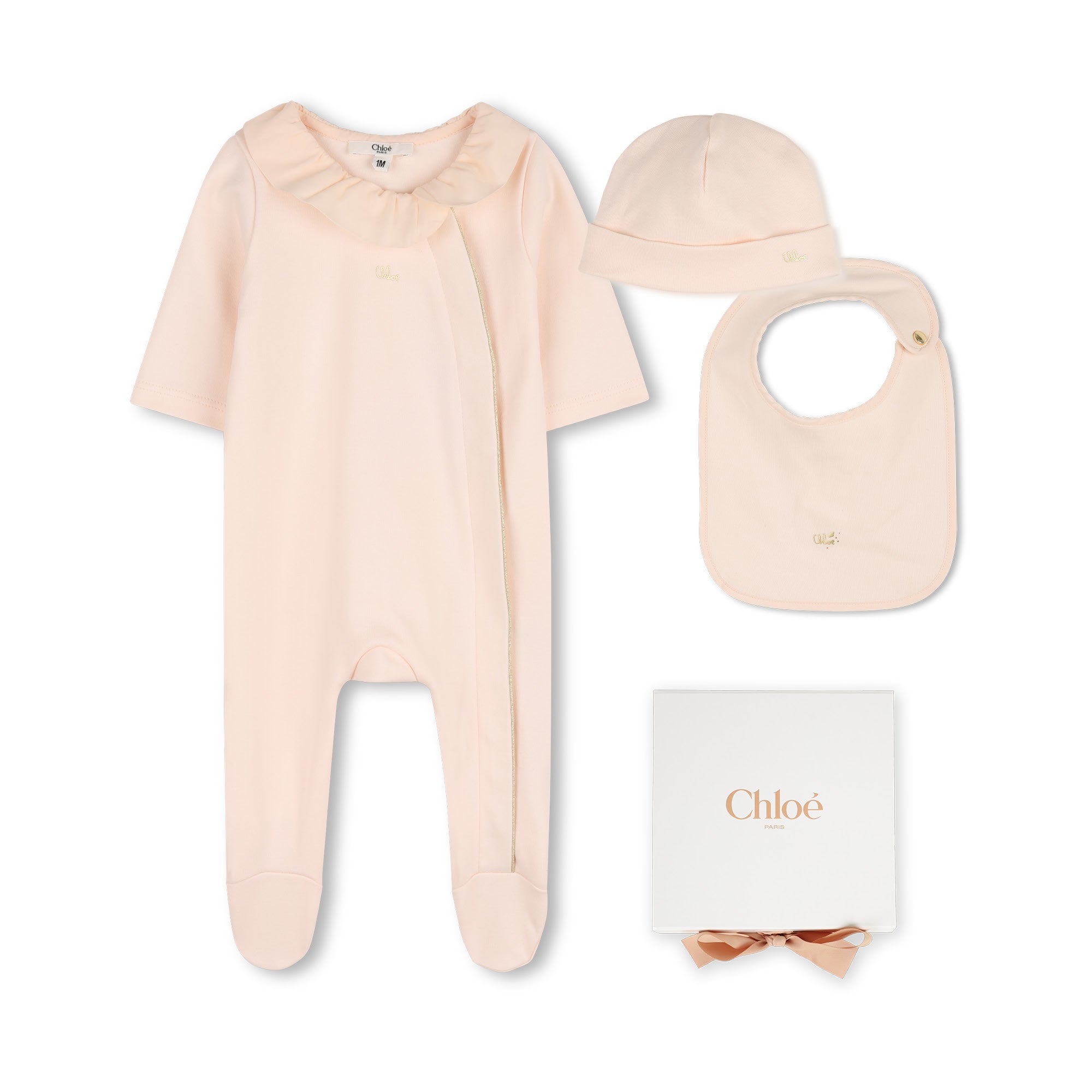 Baby Pyjamas Beanie And Bib Gift Set, Organic Cotton, Flounced Collar, Metallic Logo Detail Chloe