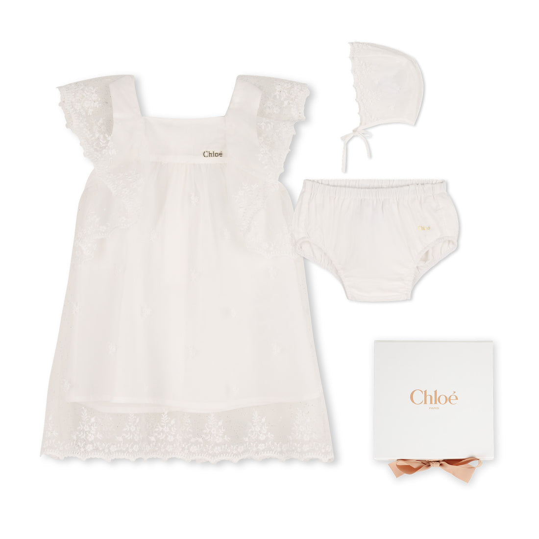 Baby Ceremony Dress Set With Bonnet And Bloomers, Cotton Percale, Floral Embroidered Trim Chloe