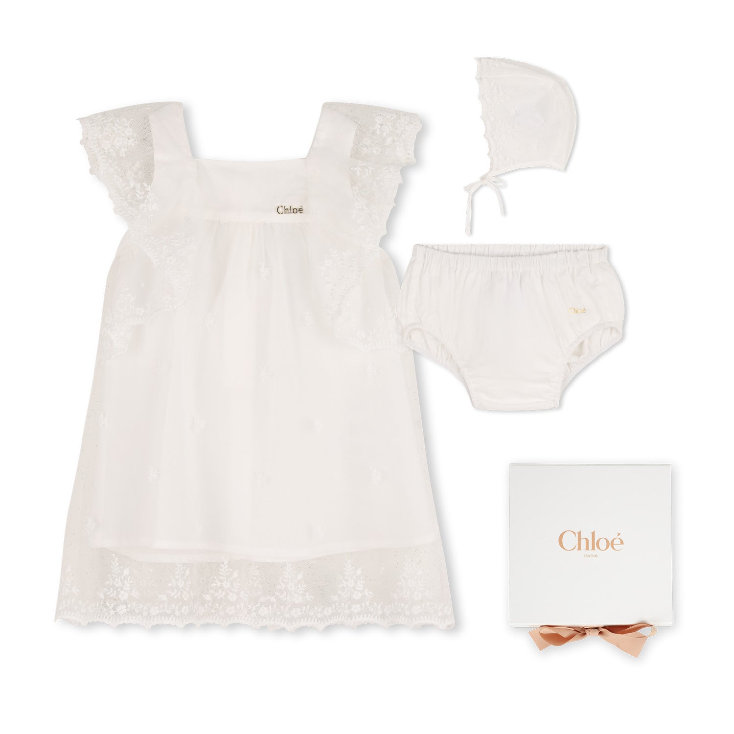 Baby Ceremony Dress Set With Bonnet And Bloomers, Cotton Percale, Floral Embroidered Trim Chloe
