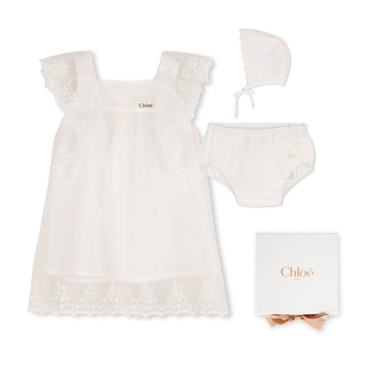 Baby Ceremony Dress Set With Bonnet And Bloomers, Cotton Percale, Floral Embroidered Trim Chloe