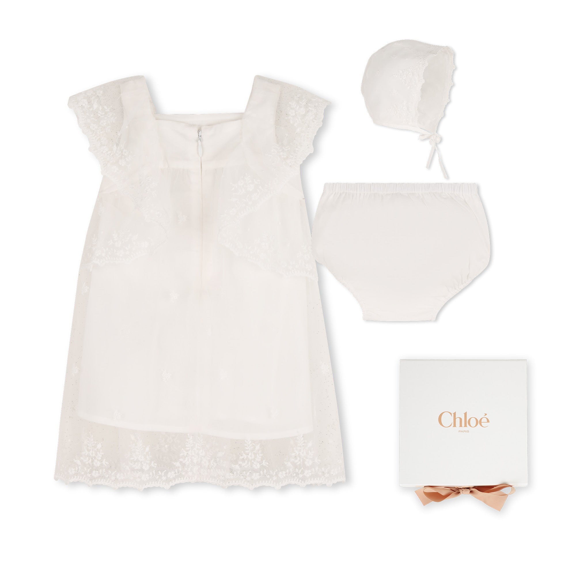 Baby Ceremony Dress Set With Bonnet And Bloomers, Cotton Percale, Floral Embroidered Trim Chloe