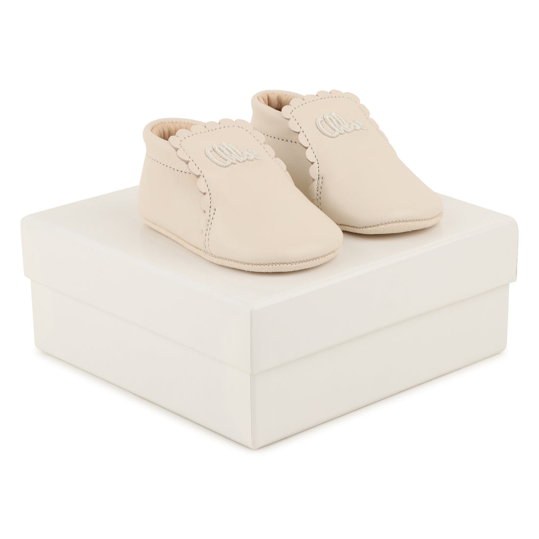 Baby Leather Slippers, Scalloped Edge, Embroidered Logo, Soft Suede Sole, Made In Portugal Chloe