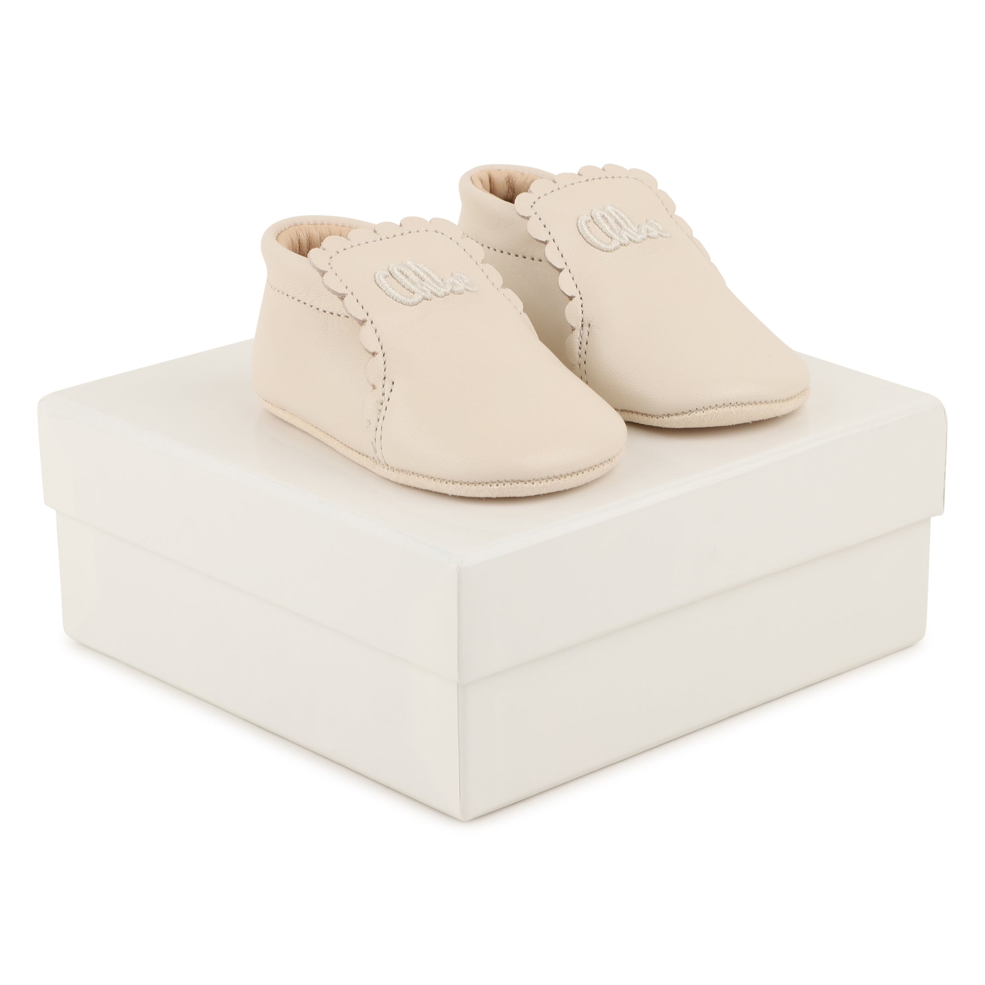Baby Leather Slippers, Scalloped Edge, Embroidered Logo, Soft Suede Sole, Made In Portugal Chloe