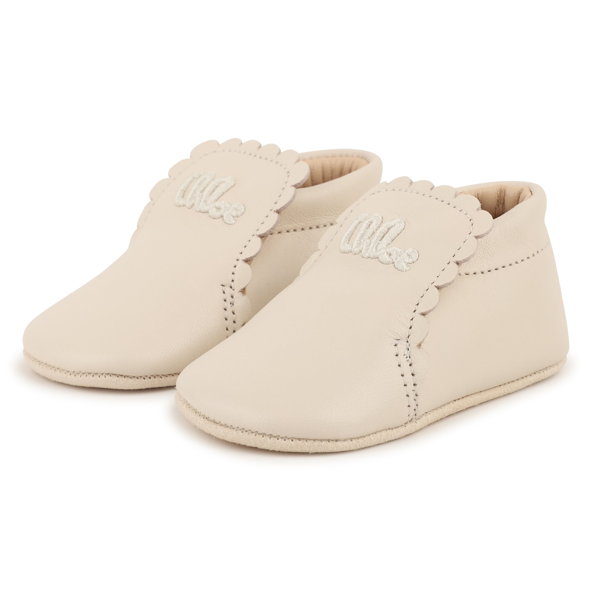 Baby Leather Slippers, Scalloped Edge, Embroidered Logo, Soft Suede Sole, Made In Portugal Chloe