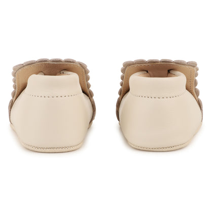 Baby Leather Slippers, Scalloped Edge, Embroidered Logo, Soft Suede Sole, Made In Portugal Chloe
