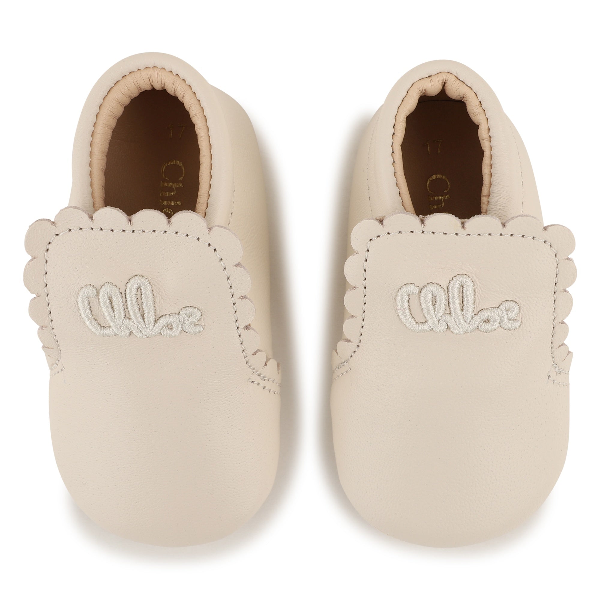 Baby Leather Slippers, Scalloped Edge, Embroidered Logo, Soft Suede Sole, Made In Portugal Chloe