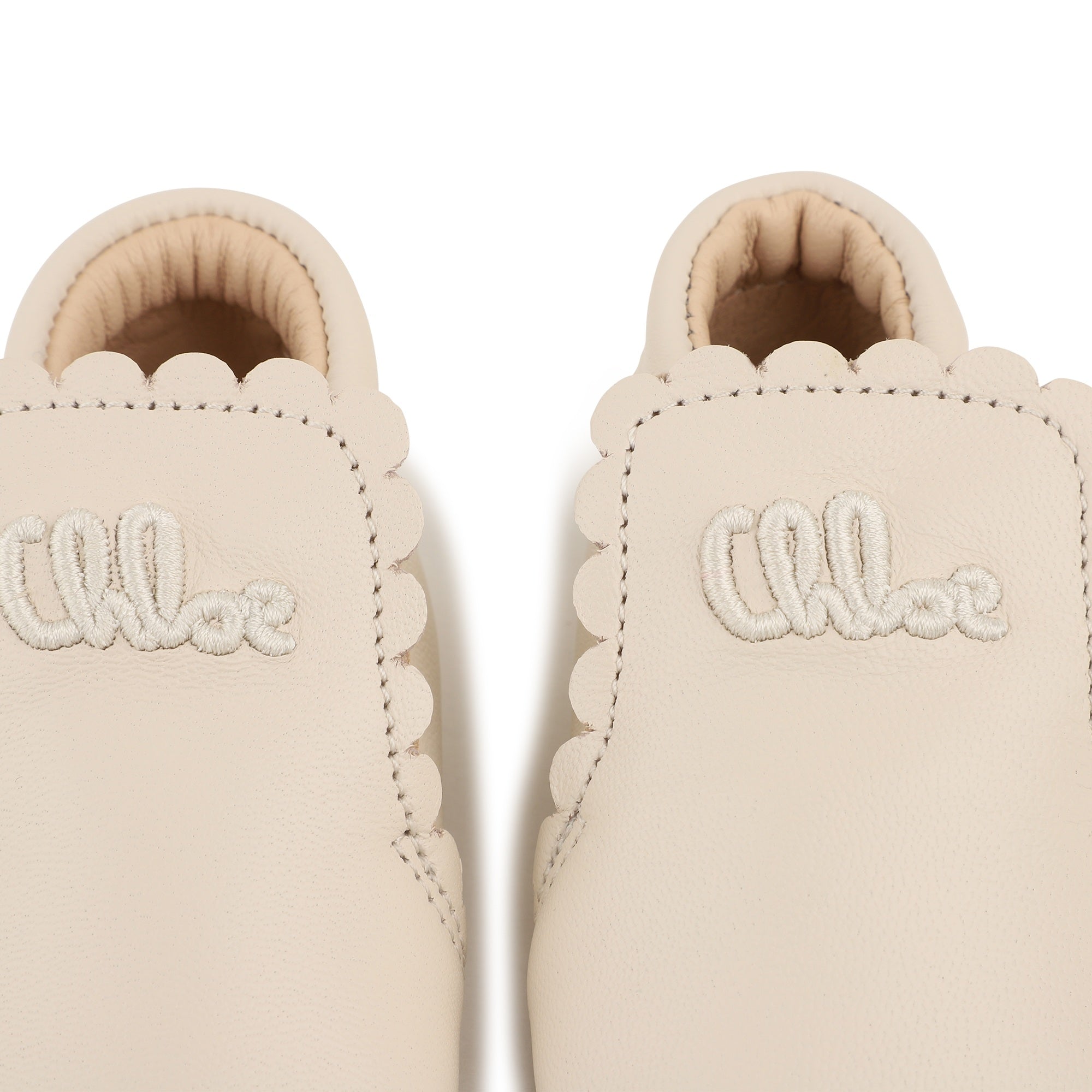 Baby Leather Slippers, Scalloped Edge, Embroidered Logo, Soft Suede Sole, Made In Portugal Chloe