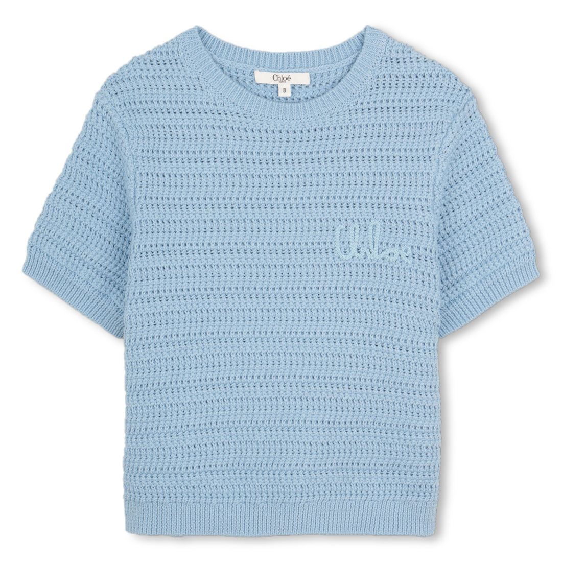 Organic Cotton Crochet Knit Short Sleeve Sweater with Crew Neck Chloe