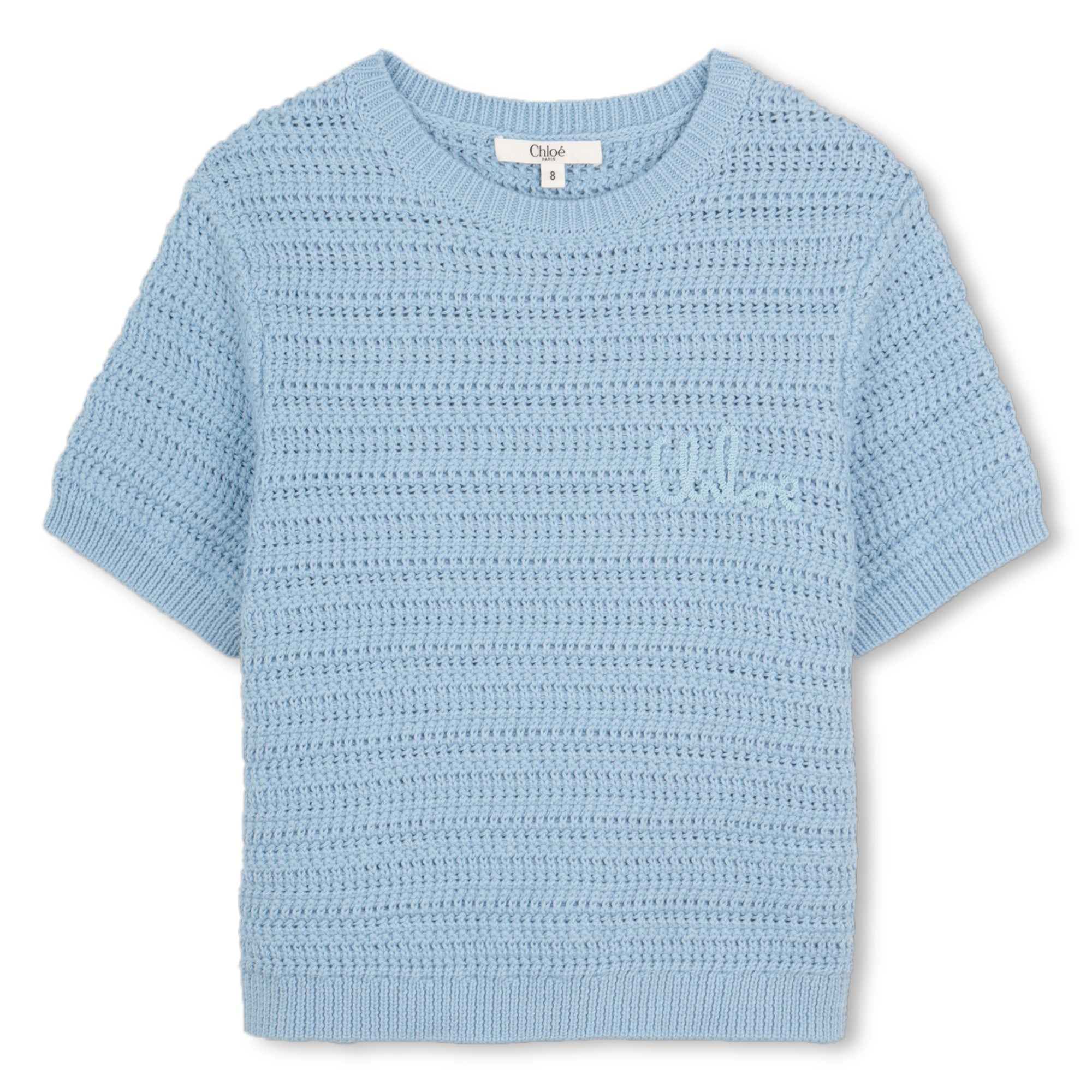 Organic Cotton Crochet Knit Short Sleeve Sweater with Crew Neck Chloe