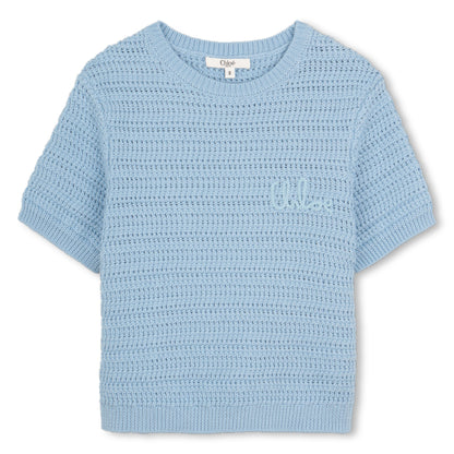 Organic Cotton Crochet Knit Short Sleeve Sweater with Crew Neck Chloe