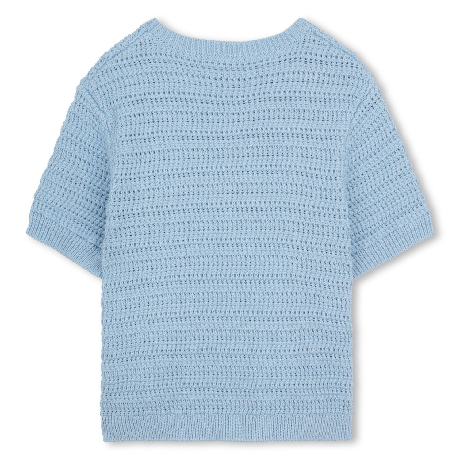 Organic Cotton Crochet Knit Short Sleeve Sweater with Crew Neck Chloe