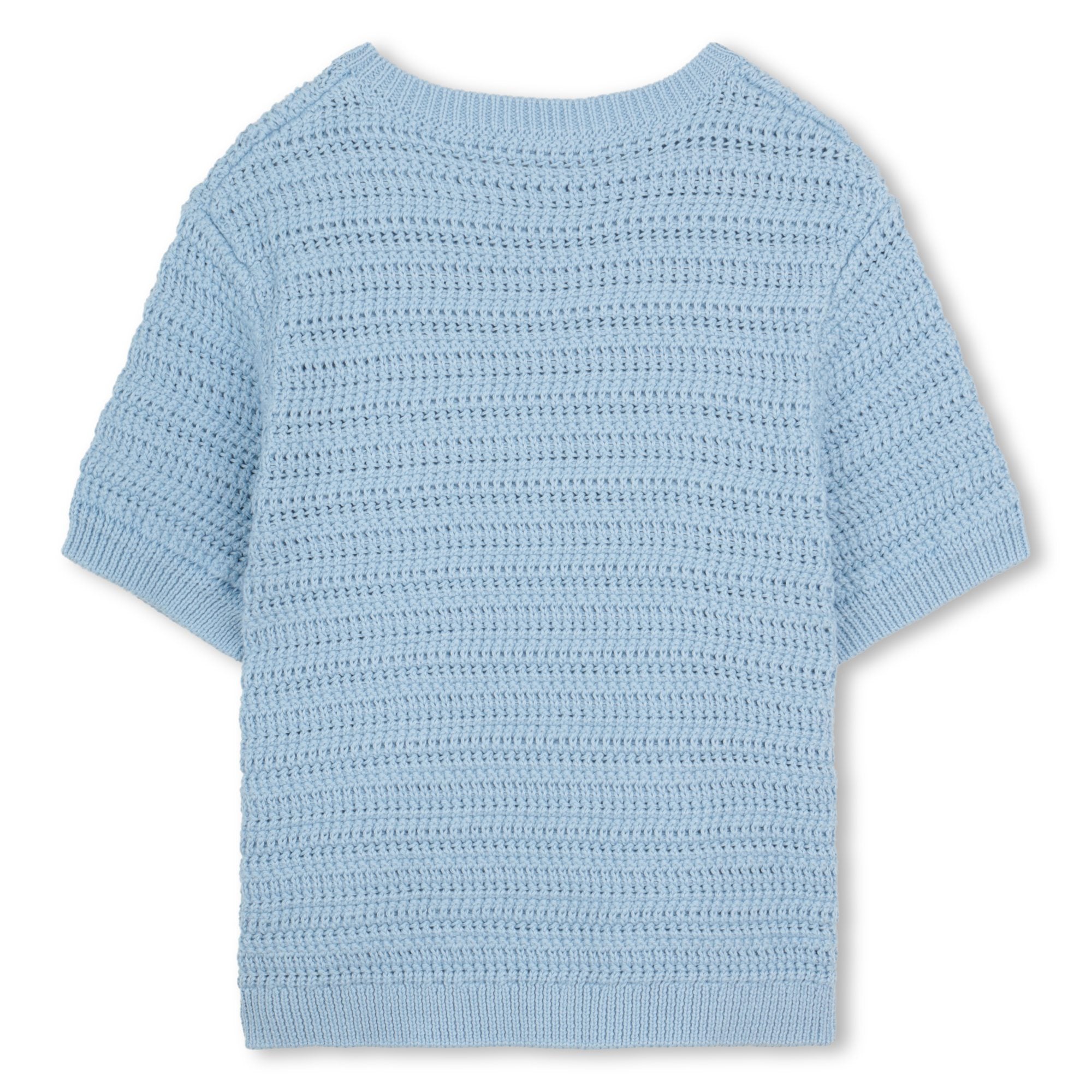 Organic Cotton Crochet Knit Short Sleeve Sweater with Crew Neck Chloe
