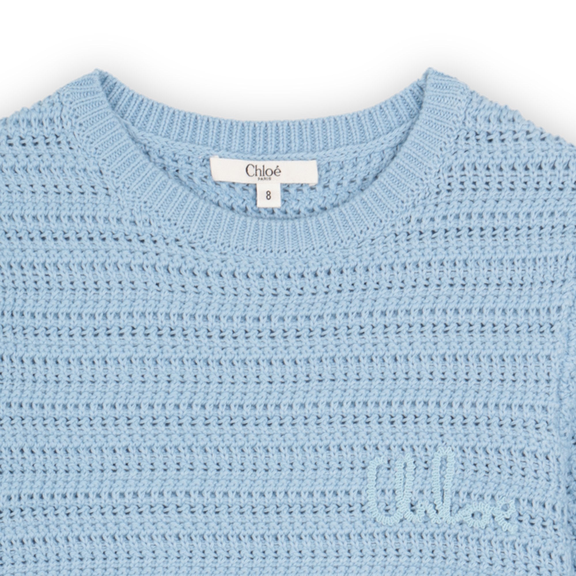 Organic Cotton Crochet Knit Short Sleeve Sweater with Crew Neck Chloe