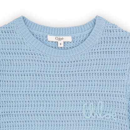 Organic Cotton Crochet Knit Short Sleeve Sweater with Crew Neck Chloe