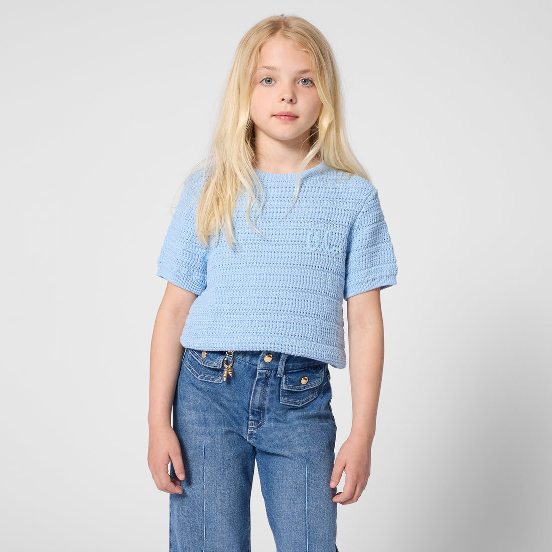 Organic Cotton Crochet Knit Short Sleeve Sweater with Crew Neck Chloe