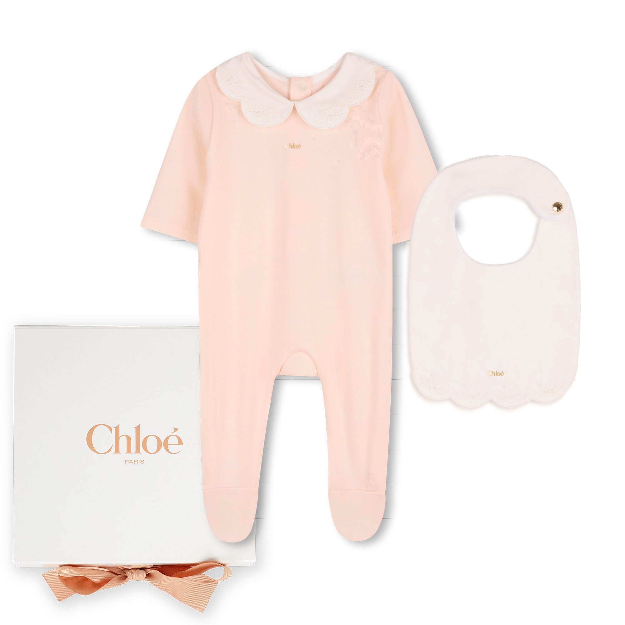 Baby Pyjamas And Bib Gift Set, Organic Cotton Rib, Embroidered Scalloped Collar, Branded Gift Box Chloe
