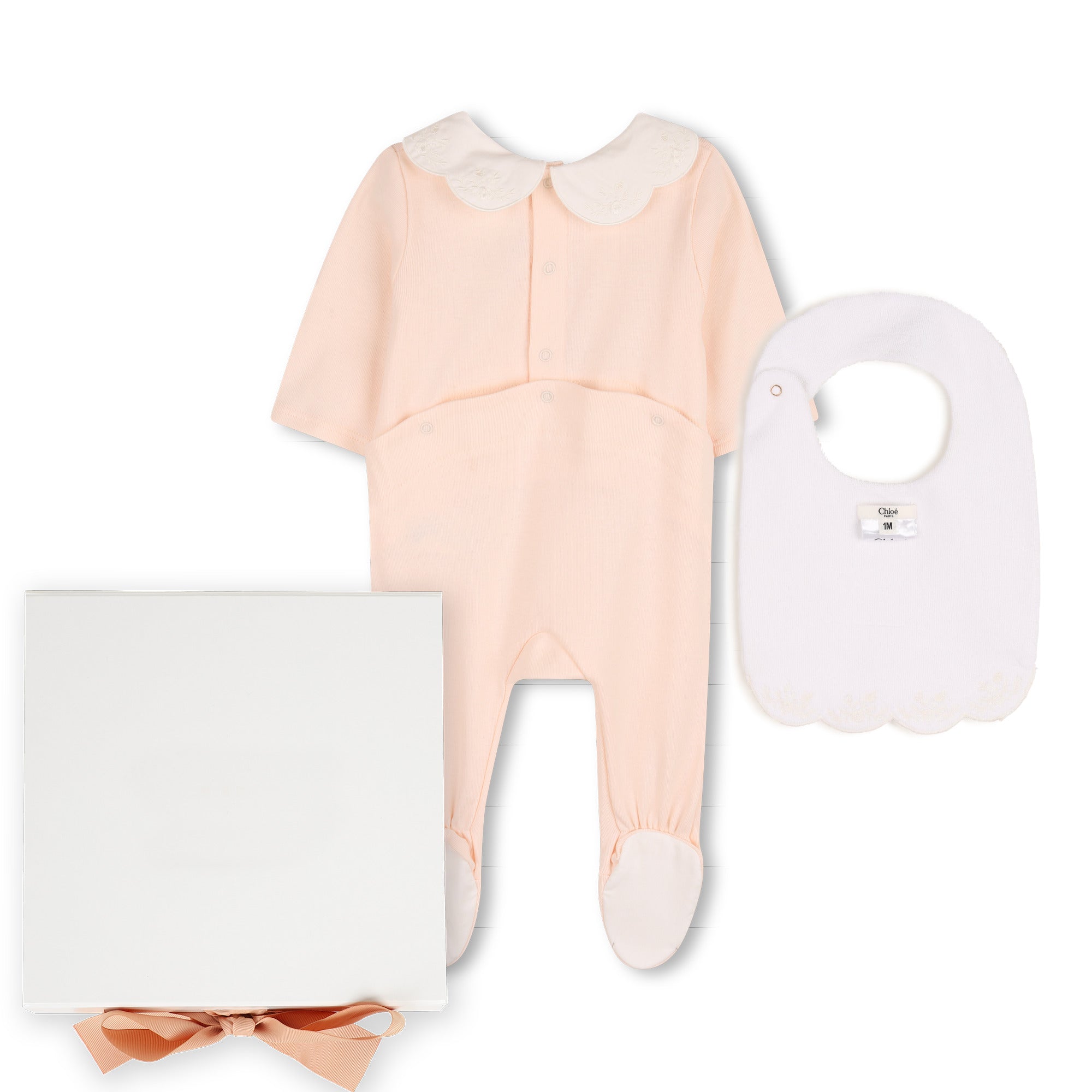 Baby Pyjamas And Bib Gift Set, Organic Cotton Rib, Embroidered Scalloped Collar, Branded Gift Box Chloe
