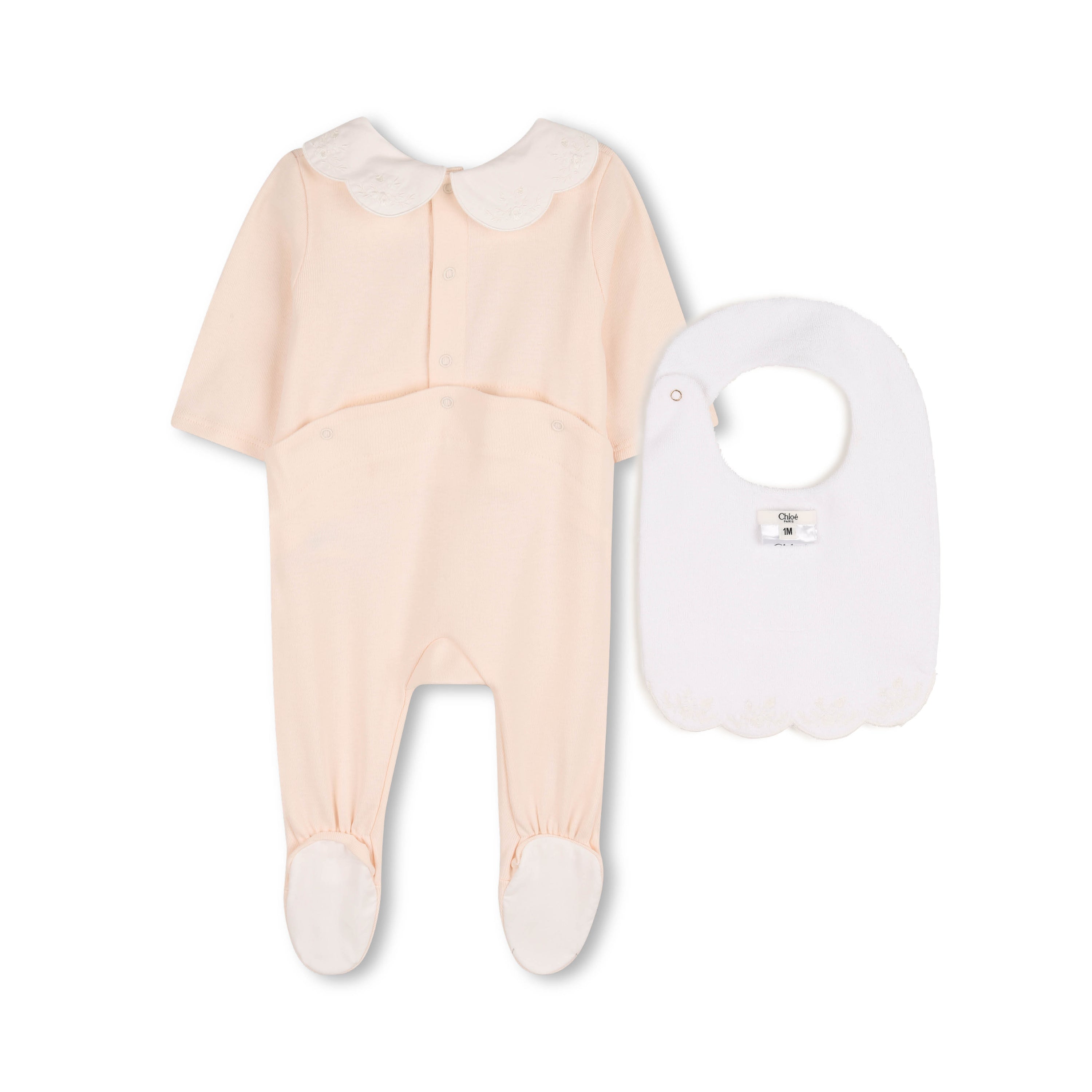 Baby Pyjamas And Bib Gift Set, Organic Cotton Rib, Embroidered Scalloped Collar, Branded Gift Box Chloe