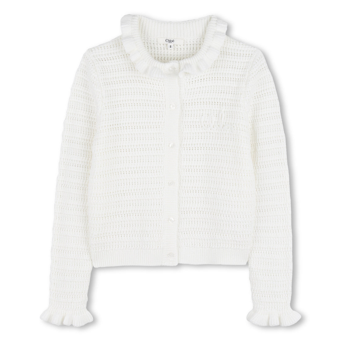 Organic Cotton Crochet Knit Cardigan with Flounced Collar and Cuffs Chloe