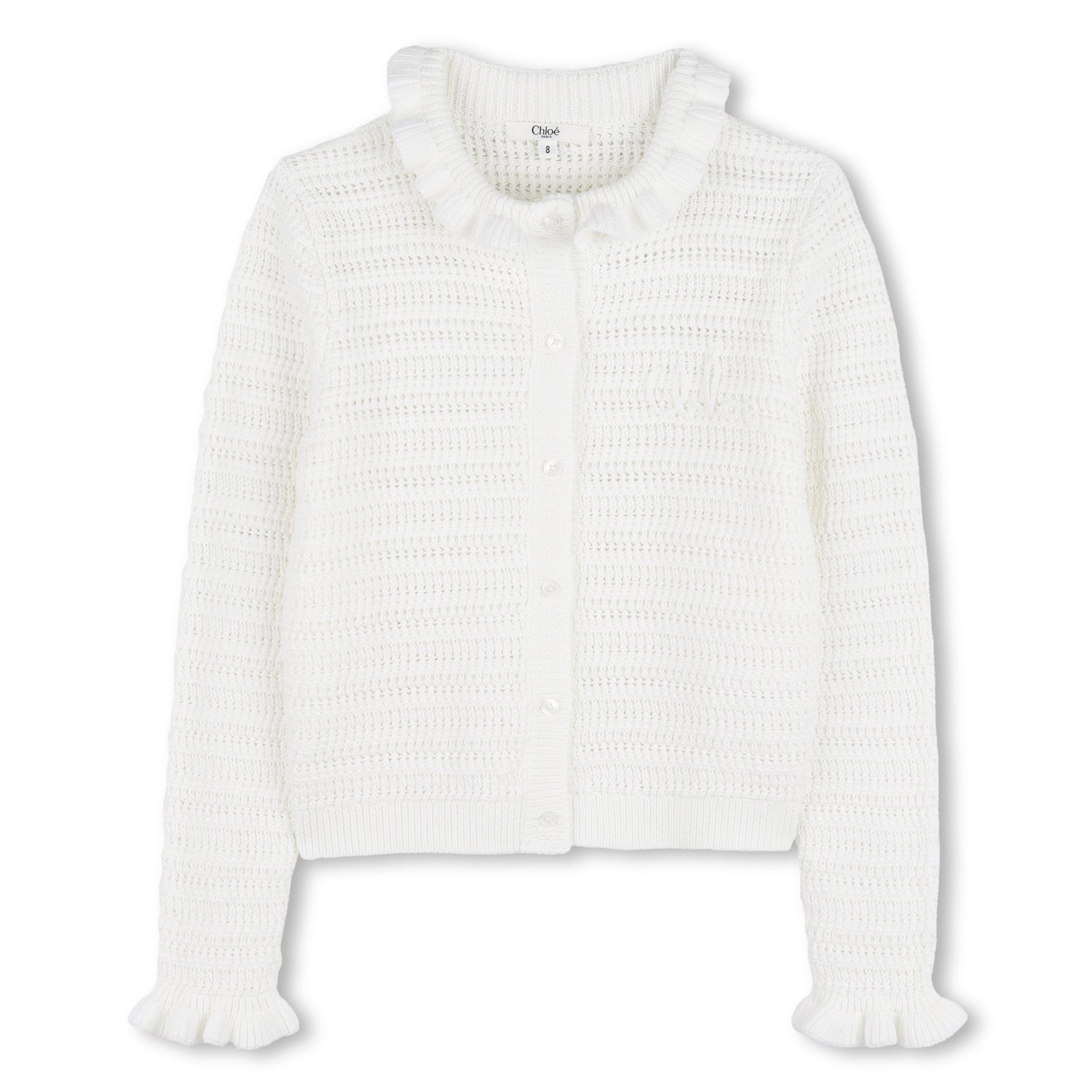 Organic Cotton Crochet Knit Cardigan with Flounced Collar and Cuffs Chloe