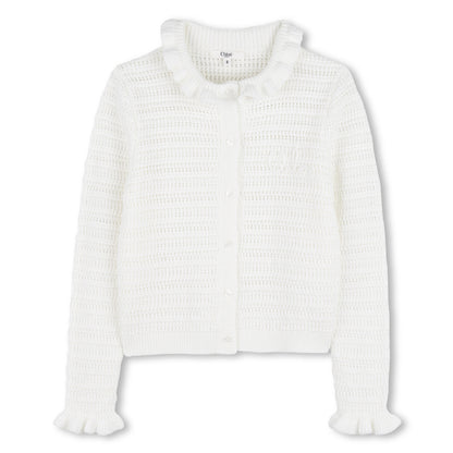 Organic Cotton Crochet Knit Cardigan with Flounced Collar and Cuffs Chloe