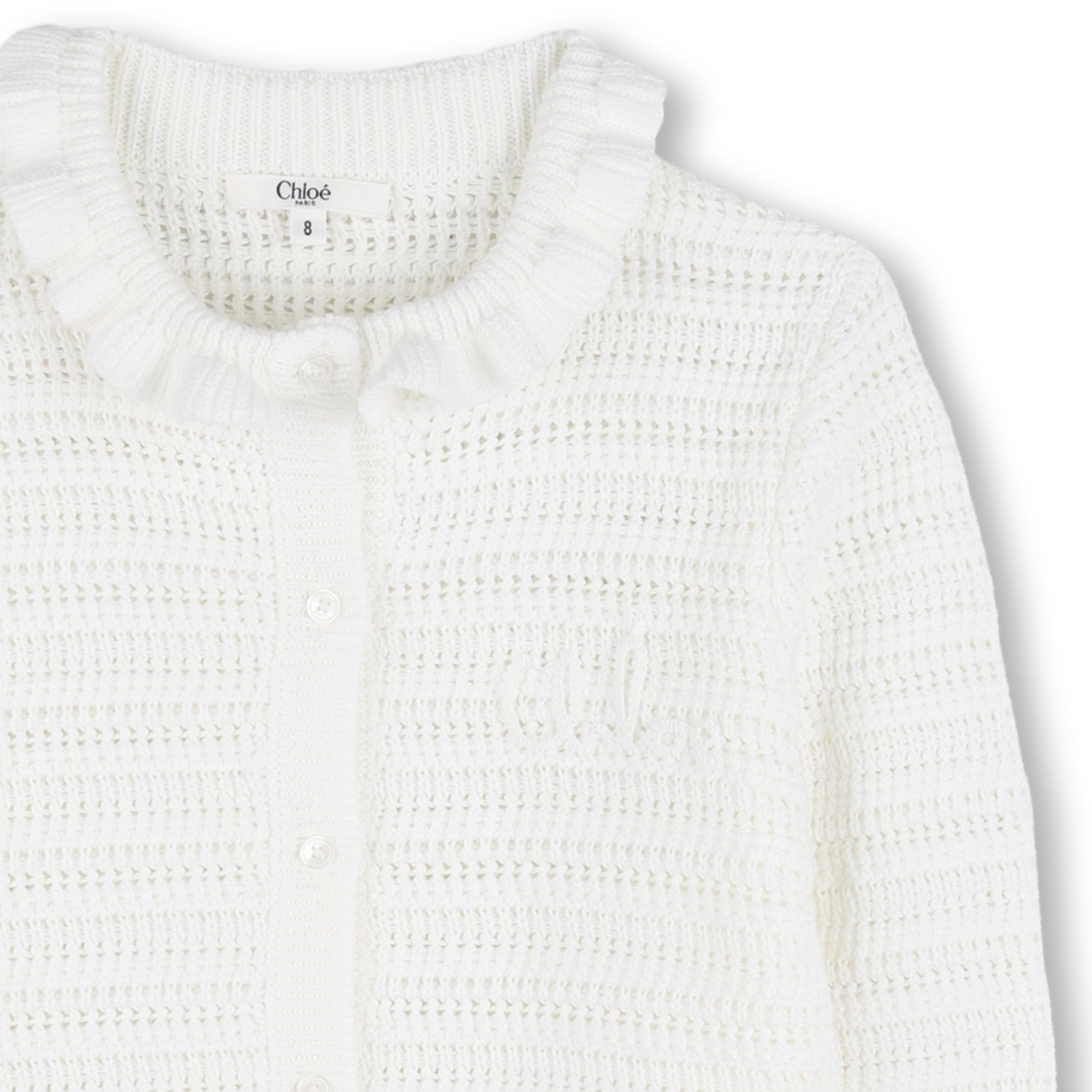 Organic Cotton Crochet Knit Cardigan with Flounced Collar and Cuffs Chloe
