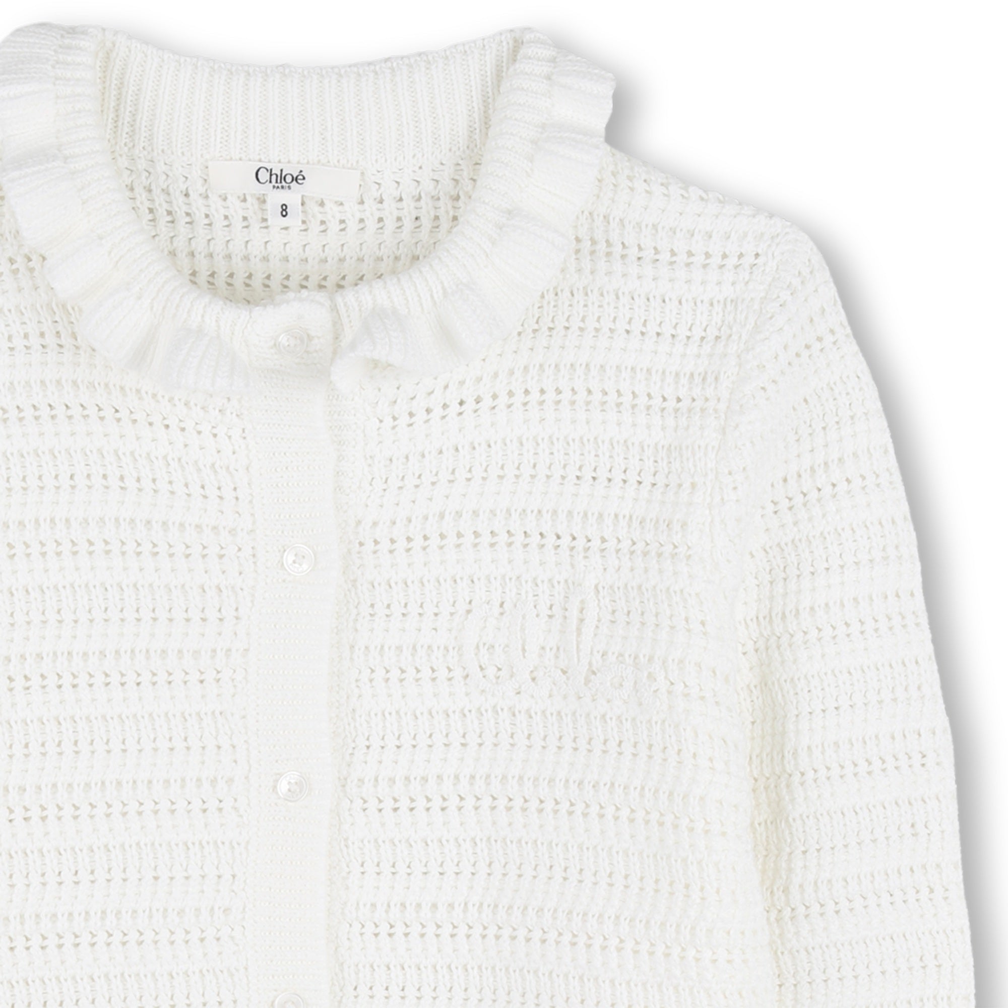 Organic Cotton Crochet Knit Cardigan with Flounced Collar and Cuffs Chloe