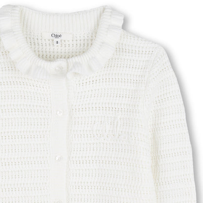 Organic Cotton Crochet Knit Cardigan with Flounced Collar and Cuffs Chloe