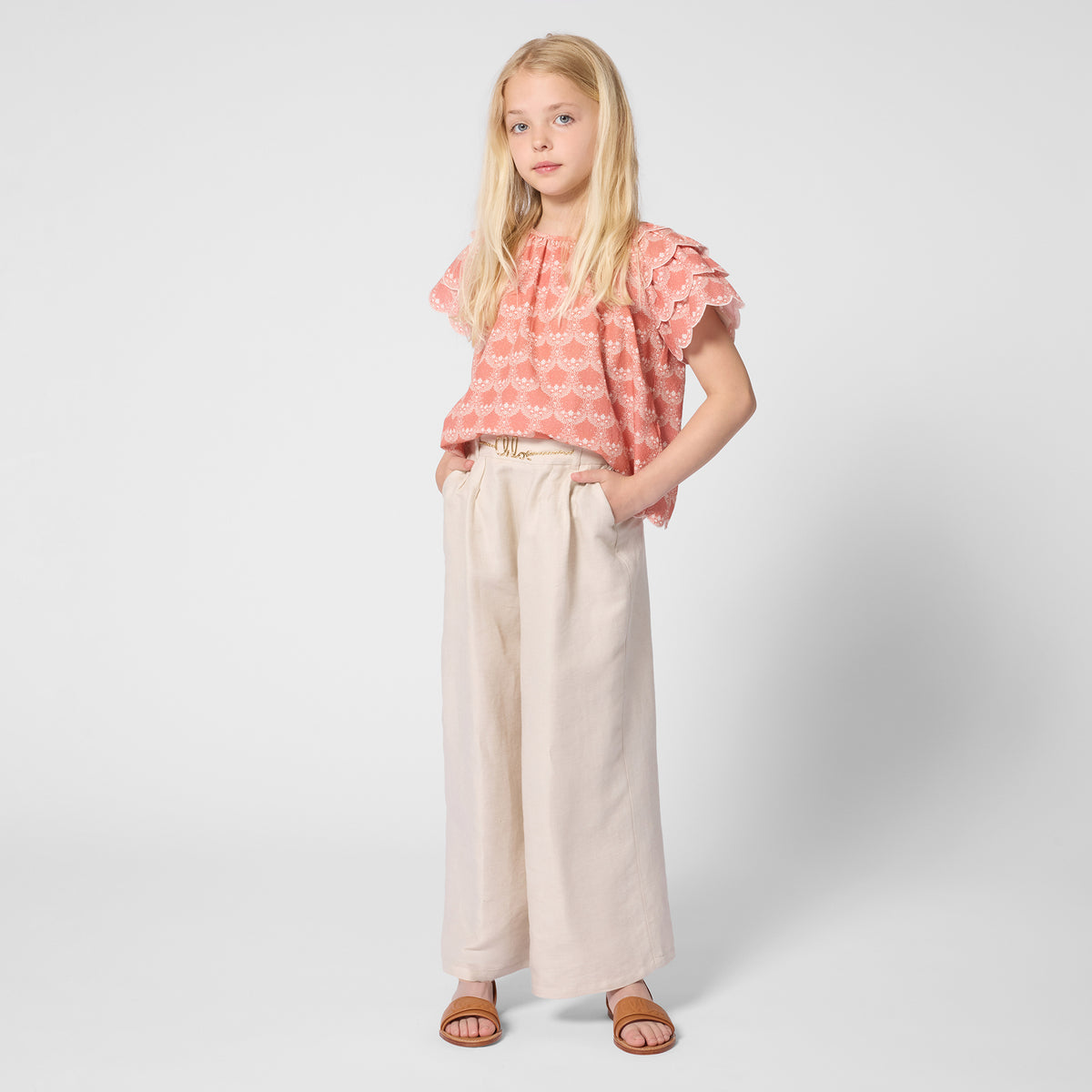 Linen Cotton Twill Wide Leg Trousers With Chain Detail, Stone Chloe