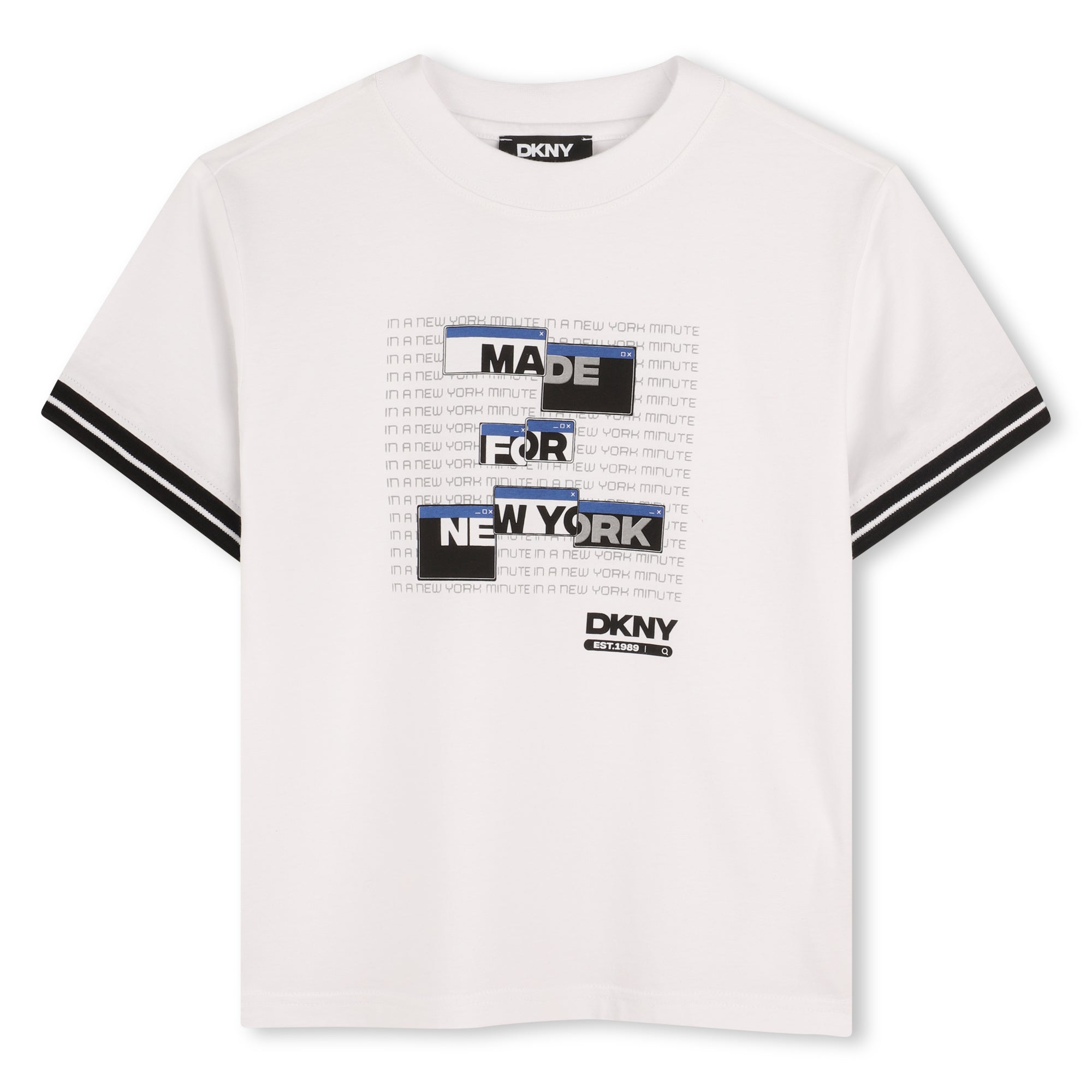Organic Cotton Short Sleeve T-Shirt with Printed Front and Striped Sleeve Detail DKNY